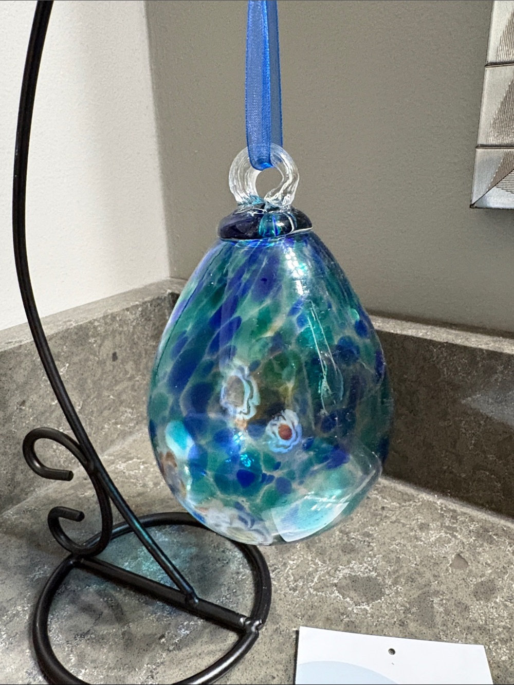 Hand-Blown Blue Green Glass Hanging Ornament “Drop of Tenderness”